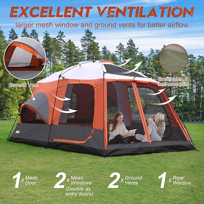 8–10-12 Person Camping Tent 2 Room Family Tent with Zippered Divider Porch Rainfly Extra Large Waterproof Cabin Tent with 3 Mesh Doors &amp Windows Easy Setup 7.1 ft Tall Tent for Outdoor Campin