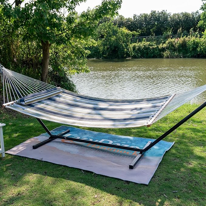Lazy Daze Hammocks 12 FT Quilted Fabric Double Hammock with Spreader Bars and Detachable Pillow 450lbs Weight Capacity