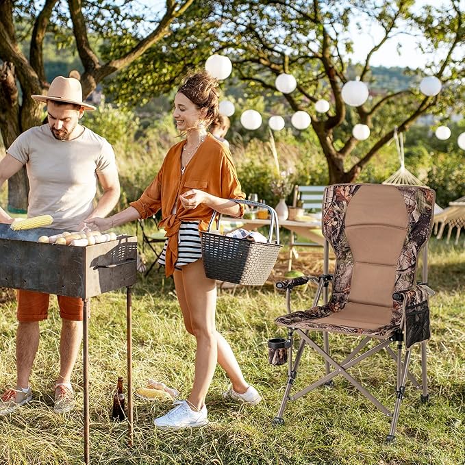 Goplus Folding Camping Chair 400 LBS Support Lawn Chair w/Armrests with Covers Cup Holder &amp Storage Pocket Adjustable Feet Portable Camp Chair with Carrying Bag for Fishing Hunting Picnic (2)