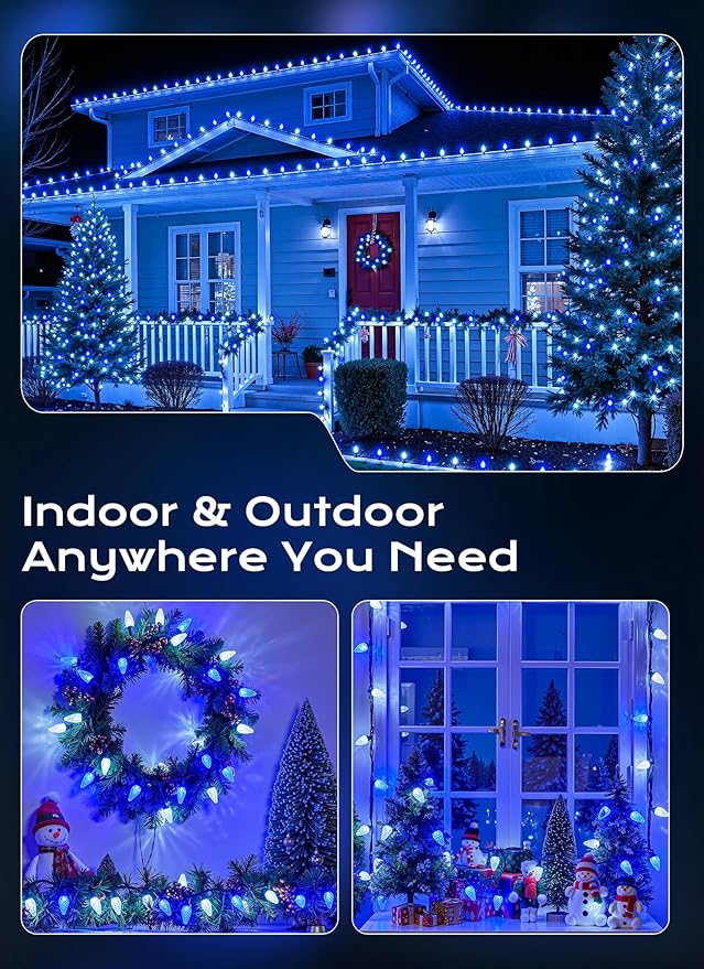 C9 Christmas Outdoor Lights 72 FT 110 LED C9 String Lights 8 Modes &amp Timer Extendable Waterproof for Christmas Tree Indoor Outdoor Roofline Patio Outside Garden Backyard Xmas Decor Blue White
