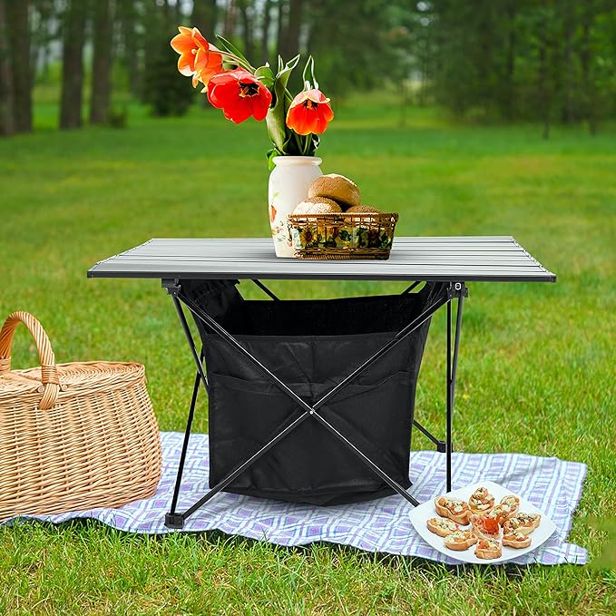 YSSOA Portable Folding Aluminum Alloy Camping Table with High-Capacity Storage and Carry Bag Large Size for Camping Traveling Hiking Fishing Beach BBQ Black