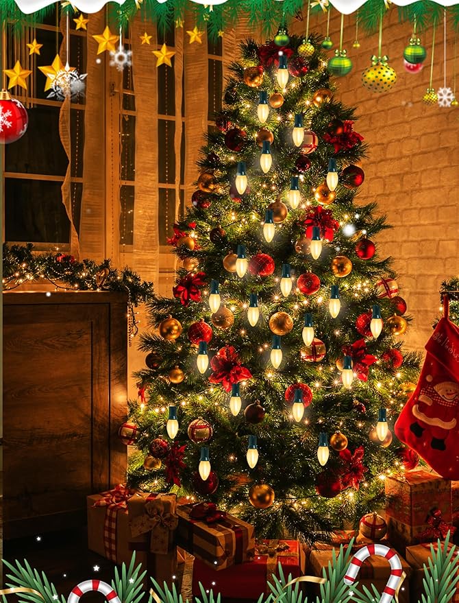 C7 LED Christmas Lights 25Ft Vintage C7 Christmas Lights with 27 LED Frosted White Bulbs Hanging Connectable Xmas String Light for Patio Garden Holiday Home Xmas Decor