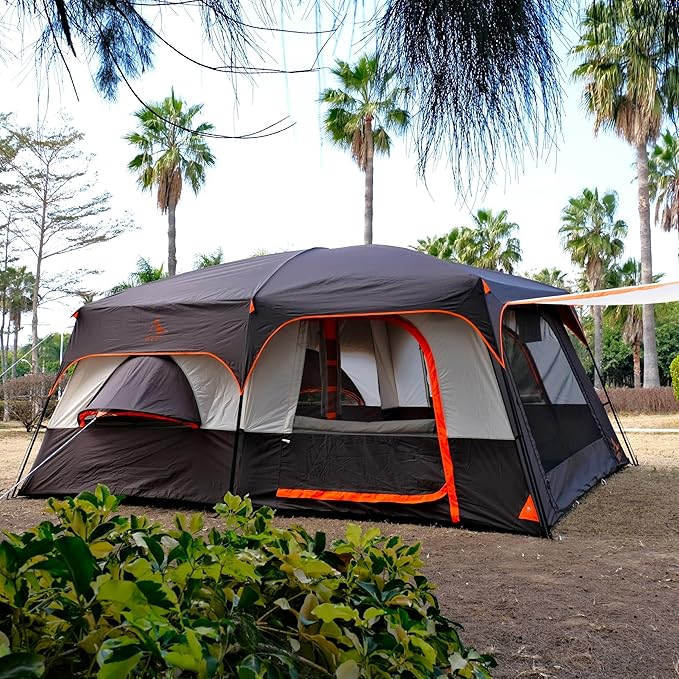 KTT Extra Large Tent 10-12-14 Person(B)Family Cabin Tents2 Rooms3 Doors and 3 Windows with MeshStraight WallWaterproofDouble LayerBig Tent for OutdoorPicnicCampingFamily Gathering