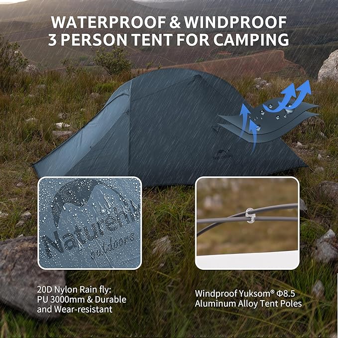 Naturehike Cloud Up 3 Person Backpacking Tent with Footprint - 3 Season Free Standing Lightweight 3 Person Camping Tent | with Footprint Free Standing Dome Camping Hiking Waterproof