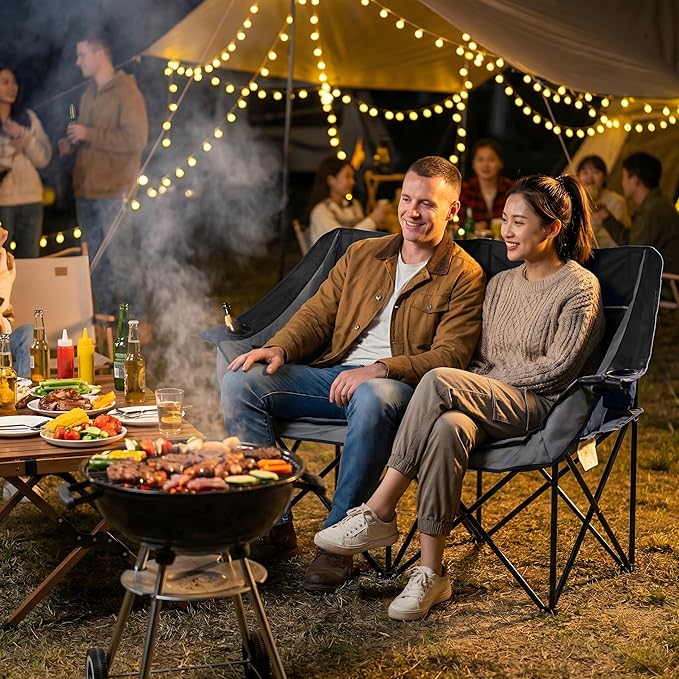 Oversized Double Camping Chair Quilted Diamond-Stitch Padded Seat Dual Cup &amp Wine Glass Holders Heavy-Duty Folding Loveseat for Outdoor Camping Beach &amp Backyard(Black)