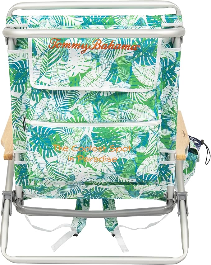 Tommy Bahama 5-Position Classic Lay Flat Backpack Beach Chair with Cooler and Cup Holder Portable Folding Beach Chair for Tanning Tropical Leaves