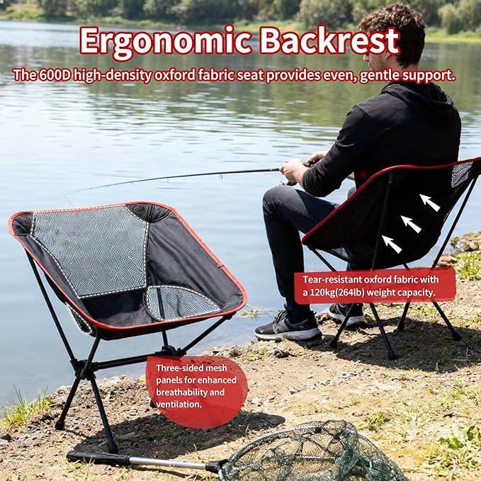 Lightweight Backpacking Folding Chair with Carry BagStable and Sturdy Camping Chairs with Back Support Fishing Hiking and Beach Activities (Low backrest Black and red S)