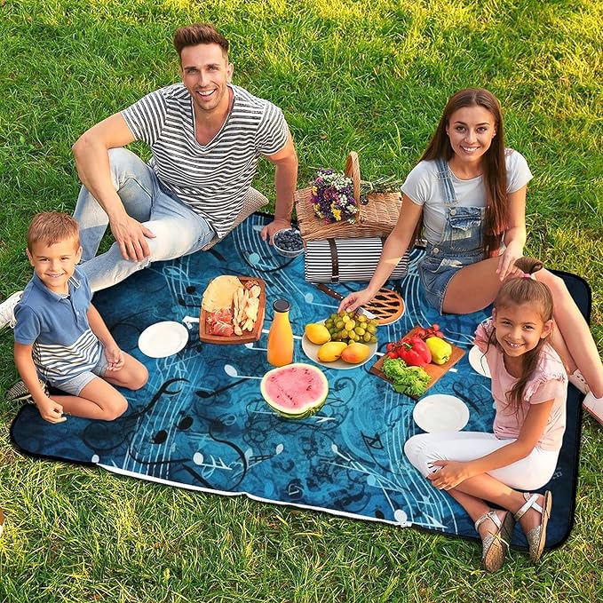 Zipper Blue Musical Notes Style Picnic Mat Suitable for Travel Camping Park Or Home Use