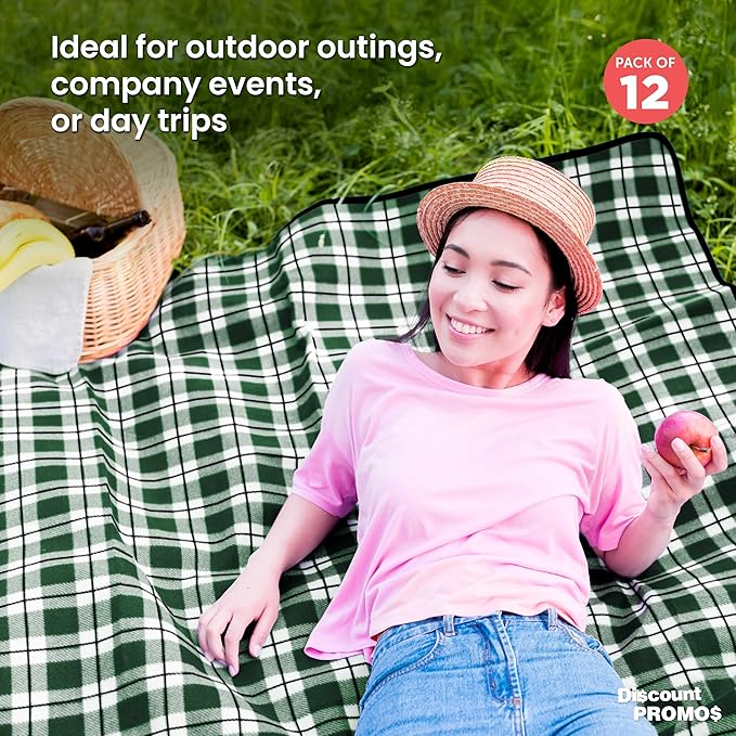 DISCOUNT PROMOS Custom Brookhaven Roll Up Picnic Blankets Set of 12 Personalized Bulk Pack - Great Outdoor Blanket for Camping Picnic Beach Sports Outdoor Activities - Green