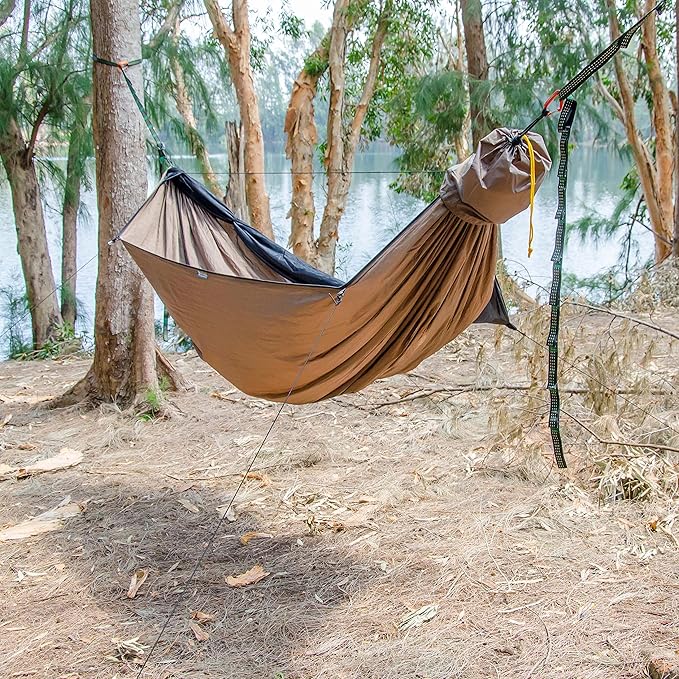 Go Camping Hammock 2.0 w/ Built-In Mosquito Net - Slate Gray by Go Outfitters: 11' Long X 64 Wide |Includes 2 Premium Aluminum Carabiners Rapid Deployment Bag 4 Stakes &amp 4 Shock Cords