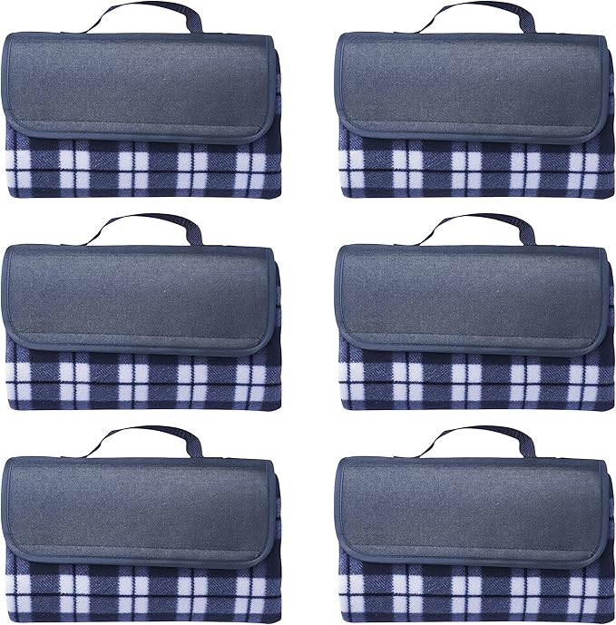 DISCOUNT PROMOS 6 Brookhaven Roll Up Picnic Blankets Set - Fleece Woven Handle - Navy Blue