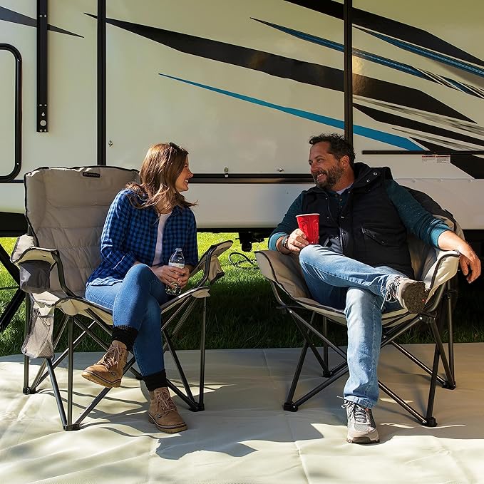 Lippert Campfire Deluxe Folding Chair - Sand High-Loft Foldable Cushion Chair Dual Cup Holders Power Coated Steel Frame Durable 600D Outdoor Polyester Fabric 500 lb. Capacity 2022114819