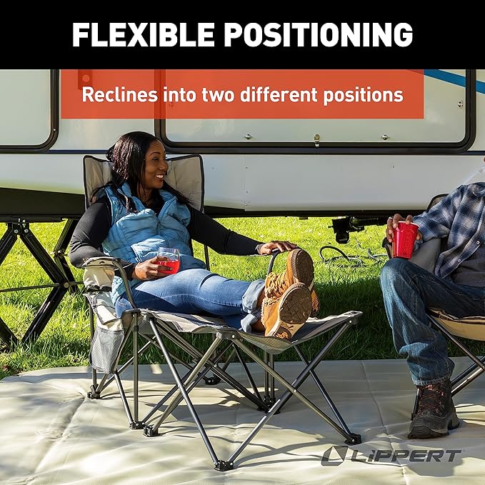 Lippert Sun Soaker Two-Position Vented Reclining Camping Chair with Footrest 600D Polyester Fabric Mesh Back/Seat Padded Headrest Cupholder 250-lb. Weight Capacity Sand Color - 2022114829