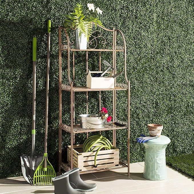 SAFAVIEH Outdoor Patio Furniture Collection Amaris Rusty Orange Wrought Iron 4-Tier Bakers Rack Plant Stand Storage Shelf (PAT5014A)