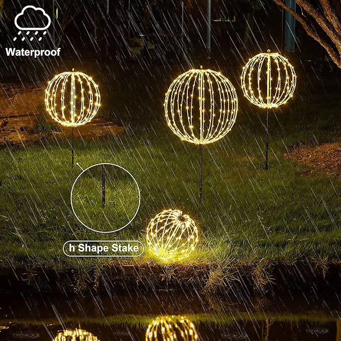 LIGHTSHARE 12IN 96LED Light Ball Yard Decoration Pathway Lights Sphere Light with Fold Flat Metal Frame Indoor Outdoor Waterproof Garden Lights Plug in