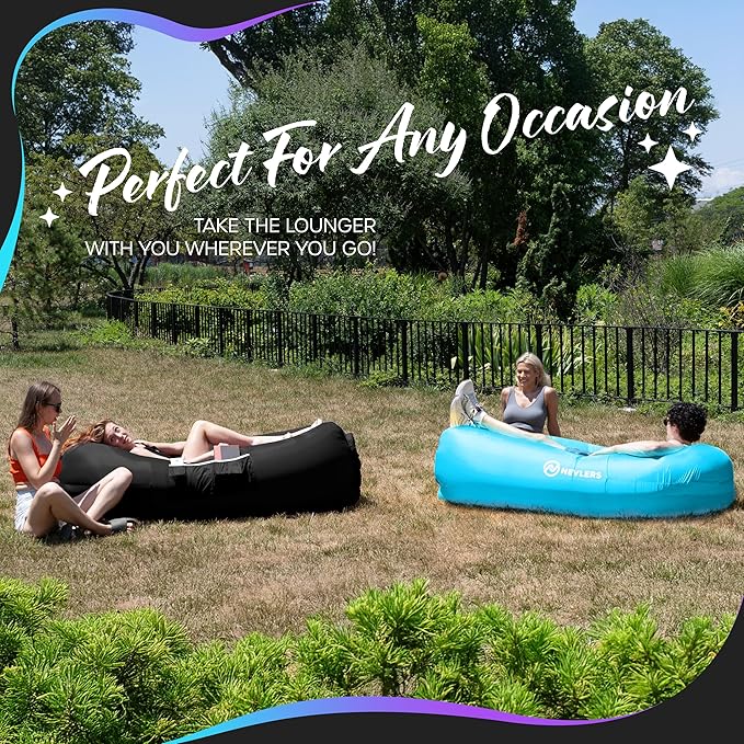 Nevlers Black &amp Blue Inflatable Lounger 2 Pack | 210T Polyester Inflatable Couch Set |No-Pump Blow Up Couch | Outdoor Furniture w/ 450lbs. Capacity Pockets &amp Carry Bags For Use as Festival Es