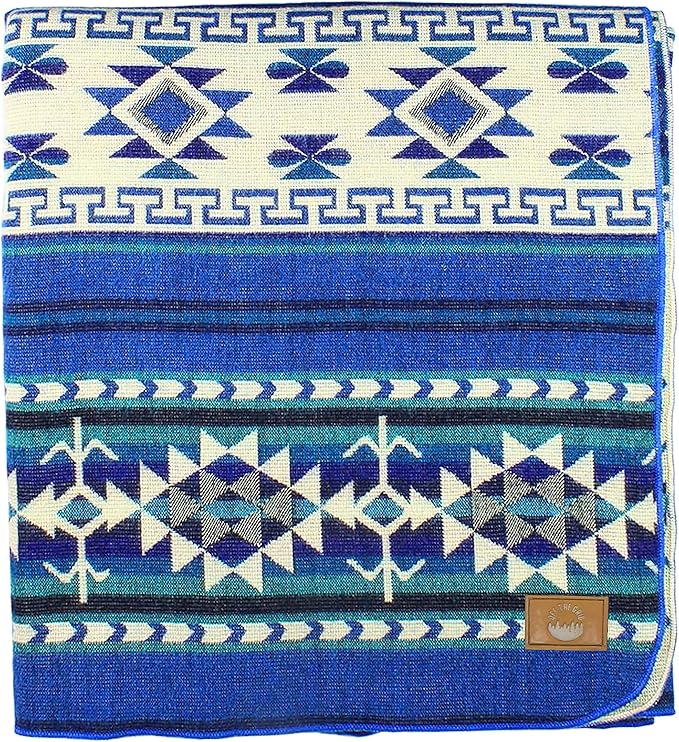 Inca Aztec Throw Queen King Blanket | Southwest Indian Navajo Boho Style | Native Cover for Camping Bedding Couch Vanlife | Faux Alpaca Lightweight Hypoallergenic (Kocha Blue Throw)