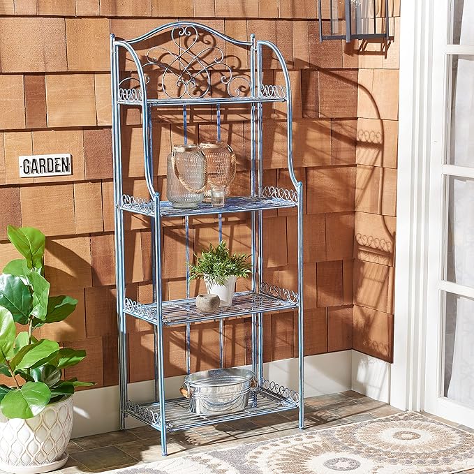 Safavieh PAT5014C Outdoor Collection Amaris Antique Blue Wrought Iron 4-Tier Bakers Rack