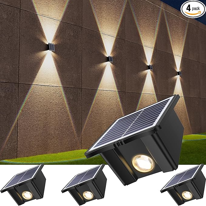 Solar Wall Lights Outdoor 6500K 3000K 4 Pack 1500mAh Wall Lights Solar Powered IP65 Outdoor Up and Down Solar Lighting for Wall