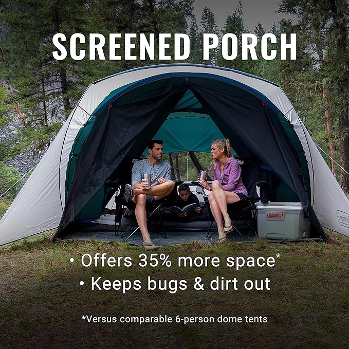 Coleman Cabin Camping Tent with Screened Porch 4/6 Person Weatherproof Tent with Enclosed Screened Porch Option Includes Rainfly Carry Bag Extra Storage and 10 Minute Setup