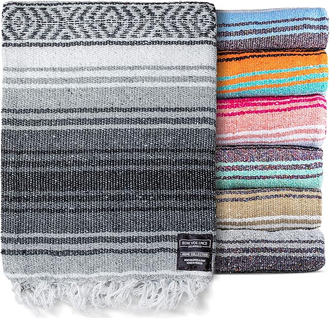 Benevolence LA Authentic Handwoven Mexican Blanket | Yoga Blankets Outdoor Picnic Beach Camping | Equestrian Saddle | Serape 50x70 inches - Gray Pack of 1