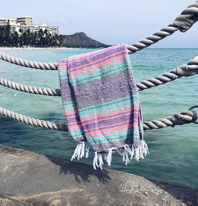 Del Mex Classic Mexican Blanket Large Authentic Woven Falsa Throw (70x50) Artisan Southwest Décor for Beach Yoga Outdoors (Mint/Pink/Gray)