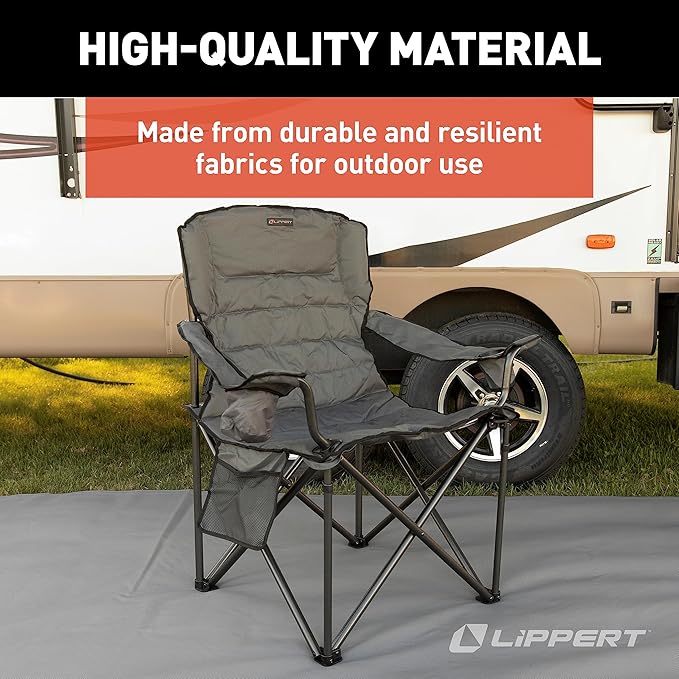 Lippert Campfire Deluxe Folding Chair - Sand High-Loft Foldable Cushion Chair Dual Cup Holders Power Coated Steel Frame Durable 600D Outdoor Polyester Fabric 500 lb. Capacity 2022114828