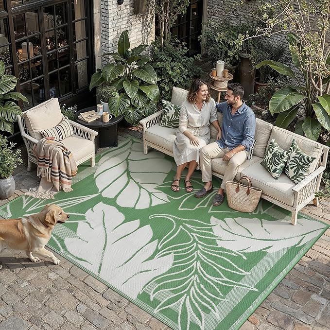 HUGEAR 8'x10' Outdoor Rug Waterproof Plastic Straw Rugs Large Green Reversible Olive Leaf Mat Floor Carpet for Camping RV Deck Entryance Porch Picnic Balcony Beach Backyard