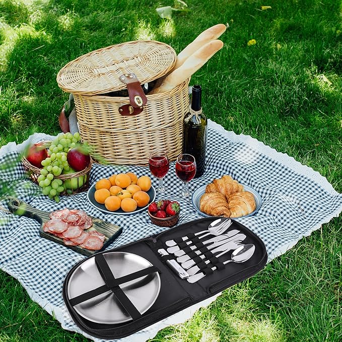 Outdoor Camping Silverware 10Pcs Set Stainless Steel Outdoor Camping Mess Kits Includes Forks Spoons Knives Fork Spoon Dish and Cap Opener Plates - Portable Cutlery Bag