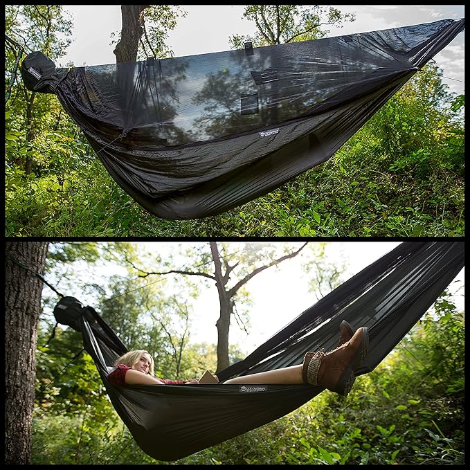 Go Camping Hammock 2.0 w/ Built-In Mosquito Net - Slate Gray by Go Outfitters: 11' Long X 64 Wide |Includes 2 Premium Aluminum Carabiners Rapid Deployment Bag 4 Stakes &amp 4 Shock Cords