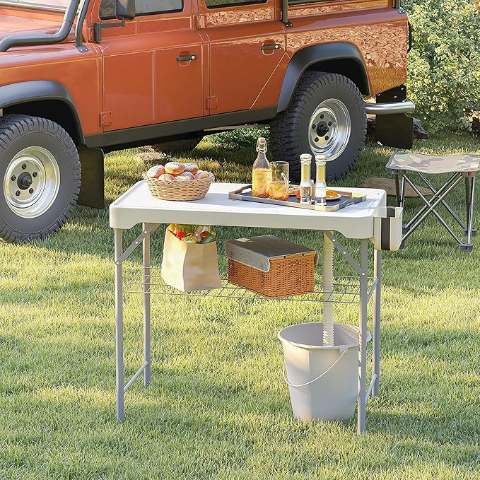 Outsunny Folding Fish Cleaning Table with Sinks Portable Camping Sink Table with Faucet Drainage Hose Sprayer Shelf Drawer and Storage Basket Outdoor Fillet Table for Picnic Beach Patio White