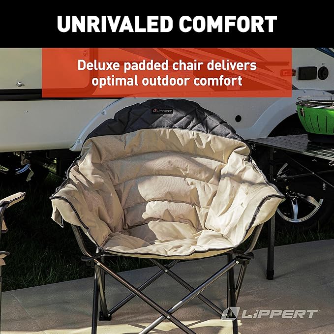 Lippert Big Bear Duotone Camping Chair - Sand with Dark Grey Accent Comfortable Round Shape Oversized Pillow Cushions Powder Coated Steel 600D Polyester Fabric 300 lb. Capacity 2022114816