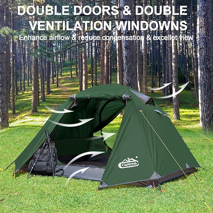2-3 Person Backpacking Tent with Double Door 2 Vestibule Waterproof Windproof Lightweight Easy Set Up 3 Season 2 Man Two Person Tent for Camping Hiking Motorcycle Mountaineering with UPF 50+