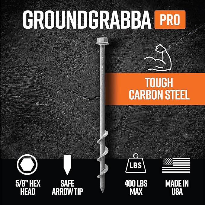 GROUNDGRABBA Screw in Tent Stake for Normal to Hard Ground | Premium Drill Driven Ground Anchor Earth Screws | 12X Pro Stakes (1 Foot) 12X GroundGrabba Closed Hooks 1X 5/8 Hex Socket Driver