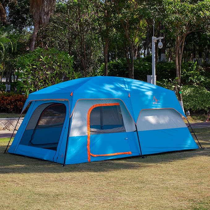 KTT Extra Large Tent 10-12-14 Person(Style-B)Family Cabin Tents2 Rooms3 Doors and 3 Windows with MeshStraight WallWaterproofDouble LayerBig Tent for OutdoorPicnicCampingFamily Gathering