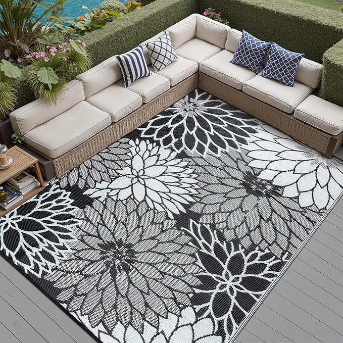 HUGEAR 8'x10' Outdoor Rug Waterproof Plastic Straw Rugs Large Black Reversible Floral Mat Floor Carpet for Camping RV Deck Entryance Porch Picnic Balcony Beach Backyard