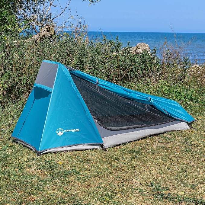 Single Person Tent - 1 Person Camping Tent with Rainfly and Carrying Bag - Lightweight Outdoor Bivy Bag Shelter for Backpacking Hiking or Camping Essentials by Wakeman Outdoors (Blue)