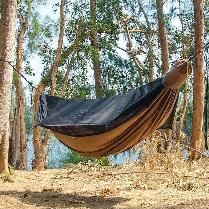 Go Camping Hammock 2.0 w/ Built-In Mosquito Net - Slate Gray by Go Outfitters: 11' Long X 64 Wide |Includes 2 Premium Aluminum Carabiners Rapid Deployment Bag 4 Stakes &amp 4 Shock Cords