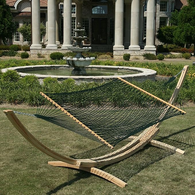Hatteras Hammocks Deluxe Green DuraCord Rope Hammock – 13 ft. x 60 in. 2-Person 450 lb Capacity Cumaru Spreader Bar Zinc-Plated Hardware – Handcrafted in The USA