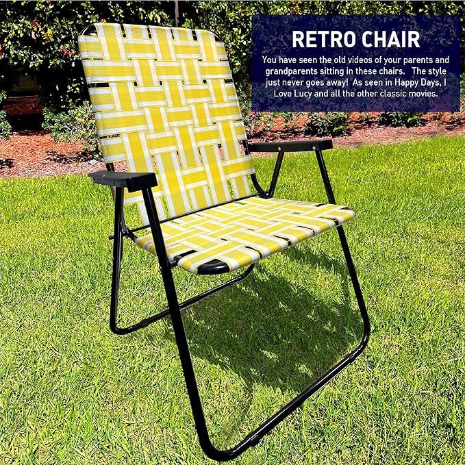 Lawn Chair Folding Steel Webbing Chaise Patio Lounger Seat Wood Handles Great for Camping Beach Fishing Backyard Stadium Pool Boating and Sports 1 Pack Yellow Stripes