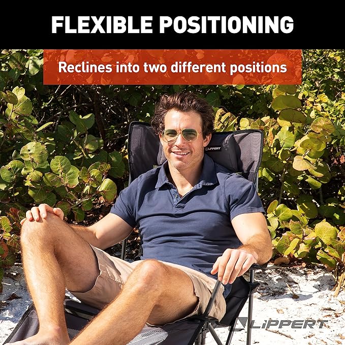 Lippert Sun Soaker Two-Position Vented Reclining Camping Chair with Footrest 600D Polyester Fabric Mesh Back/Seat Padded Headrest Cupholder 250-lb. Weight Capacity Dark Grey Color - 2022114830