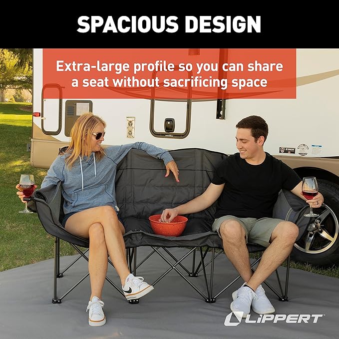 Lippert Campfire Folding Couch - Dark Grey High-Loft Foldable Sofa Dual Cup Holders Power Coated Steel Frame Durable 600D Outdoor Polyester Fabric 500 lb. Capacity 2022114796