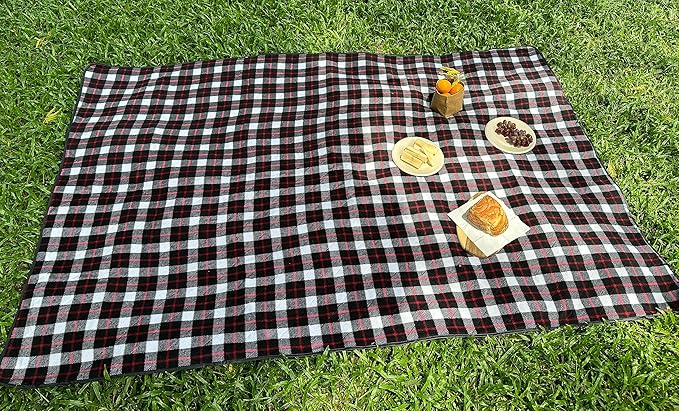 LOTUS LEAF Waterproof Stadium Blanket 85”X 55” PackableWindproof Extra Thick Picnic mat Stadium Blankets for Camping with Quilted Fleece LiningMachine WashableBlack (Red Check)