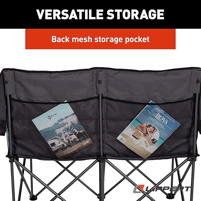 Lippert Campfire Folding Loveseat with 500-lb. Weight Capacity Carry Bag Durable Mesh Fabrics High-Loft Cushioning Storage Pocket Dual Cupholders Stemmed Wine Glass Holder (Grey) - 2021000206