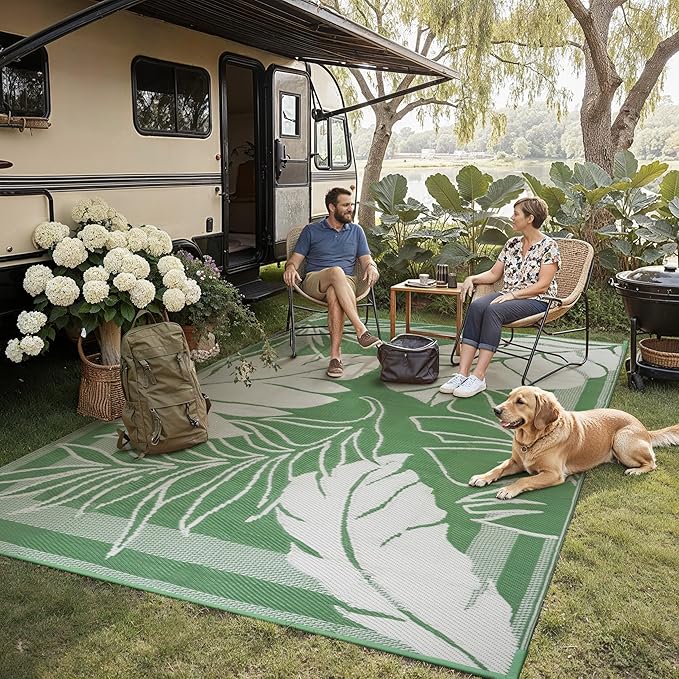 HUGEAR 8'x10' Outdoor Rug Waterproof Plastic Straw Rugs Large Green Reversible Olive Leaf Mat Floor Carpet for Camping RV Deck Entryance Porch Picnic Balcony Beach Backyard