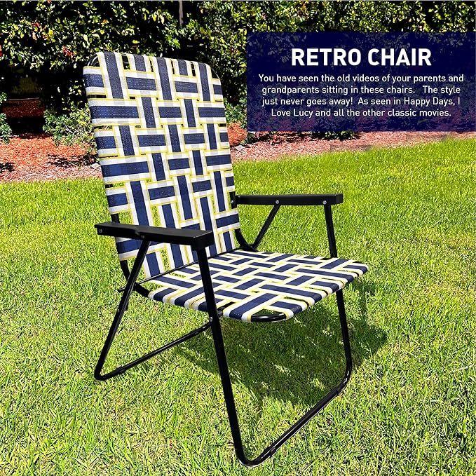Lawn Chair Folding Steel Webbing Chaise Patio Lounger Seat Wood Handles Great for Camping Beach Fishing Backyard Stadium Pool Boating and Sports 1 Pack Blue/Yellow