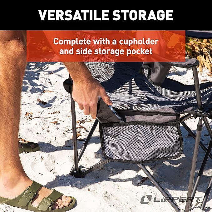 Lippert Sun Soaker Two-Position Vented Reclining Camping Chair with Footrest 600D Polyester Fabric Mesh Back/Seat Padded Headrest Cupholder 250-lb. Weight Capacity Dark Grey Color - 2022114830