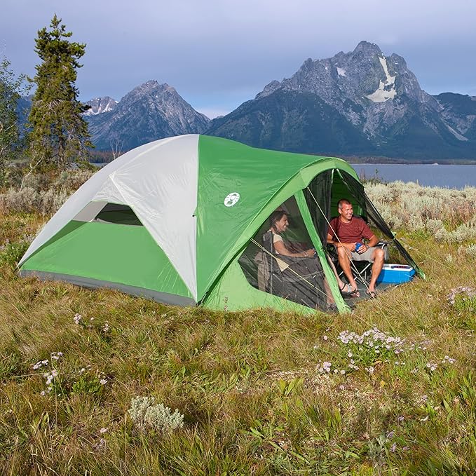 Coleman Evanston Tent with Screen Room 6/8 Person Weatherproof Tent Sets Up in 15 Mins Included Rainfly &amp Carry Bag Made of PFAS-Free Materials