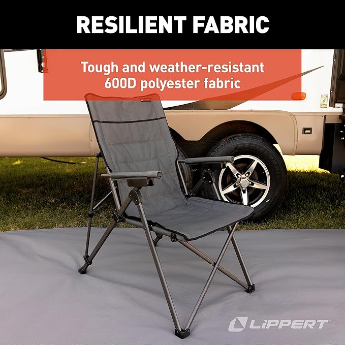 Lippert Sun Soaker Three-Position Reclining Camping Chair with 600D Polyester Fabric Padded Back/Seat Steel Frame Construction 250-lb. Weight Capacity Dark Grey Color - 2022120581