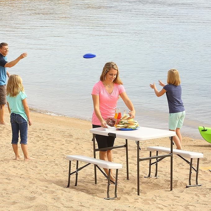 LIFETIME 80373 Portable Folding Camping RV Picnic Table and Bench Set Almond